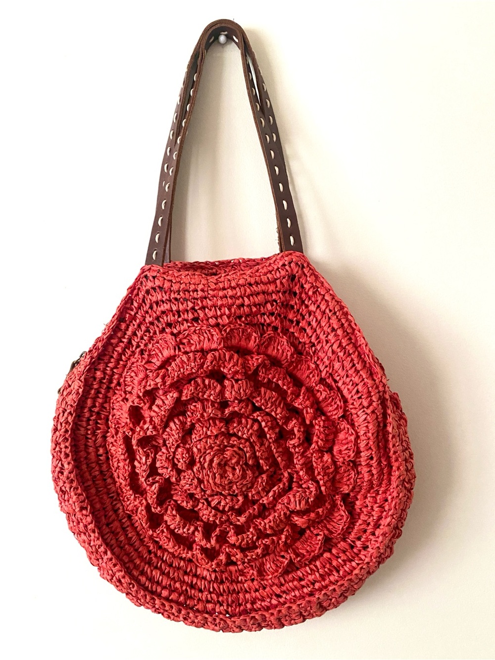 Anthro Lucky Penny Orange Paper Crocheted Flower Straw Bag Leather Straps
